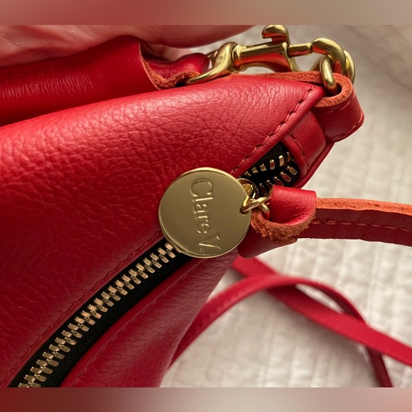 CLARE V. Petit Moyen Messenger Leather Shoulder or Crossbody Bag Rouge Nappa Red - Picture 11 of 13